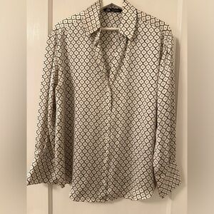 ZARA Satin Effect Geometric Shirt | Blue Ecru | M